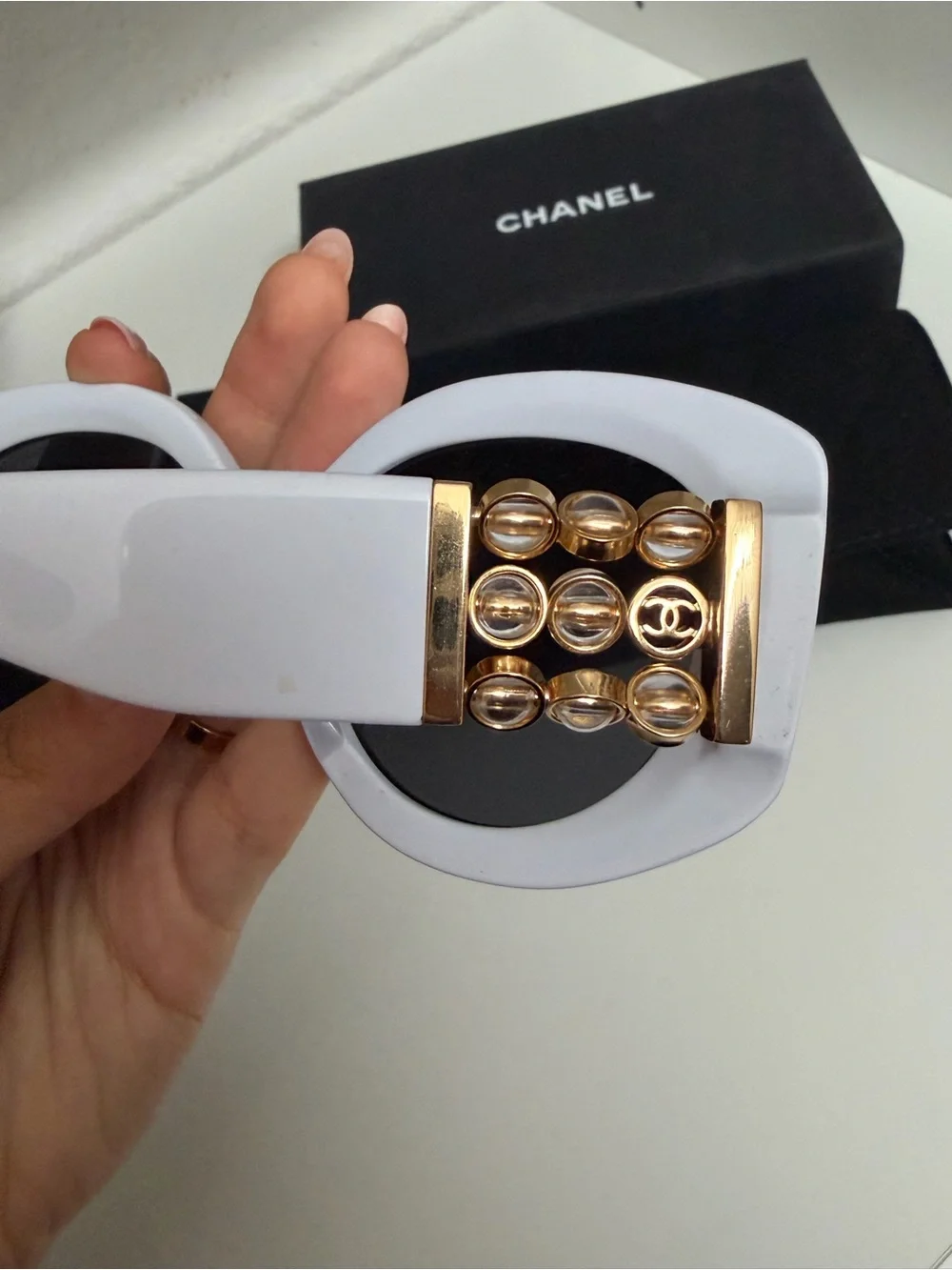 Authentic CHANEL White Round Sunglasses with Gold Chain Detail